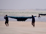 Pescadores recolhendo redes tipo caçoeira